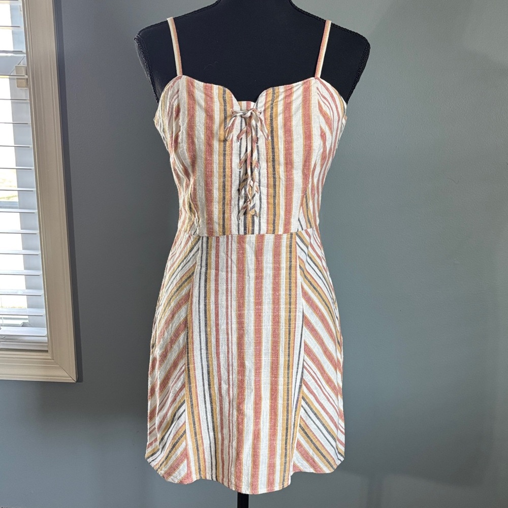 Aeropostale Striped Lace-Up Spaghetti Strap Dress in Coral, Cream & Mustard